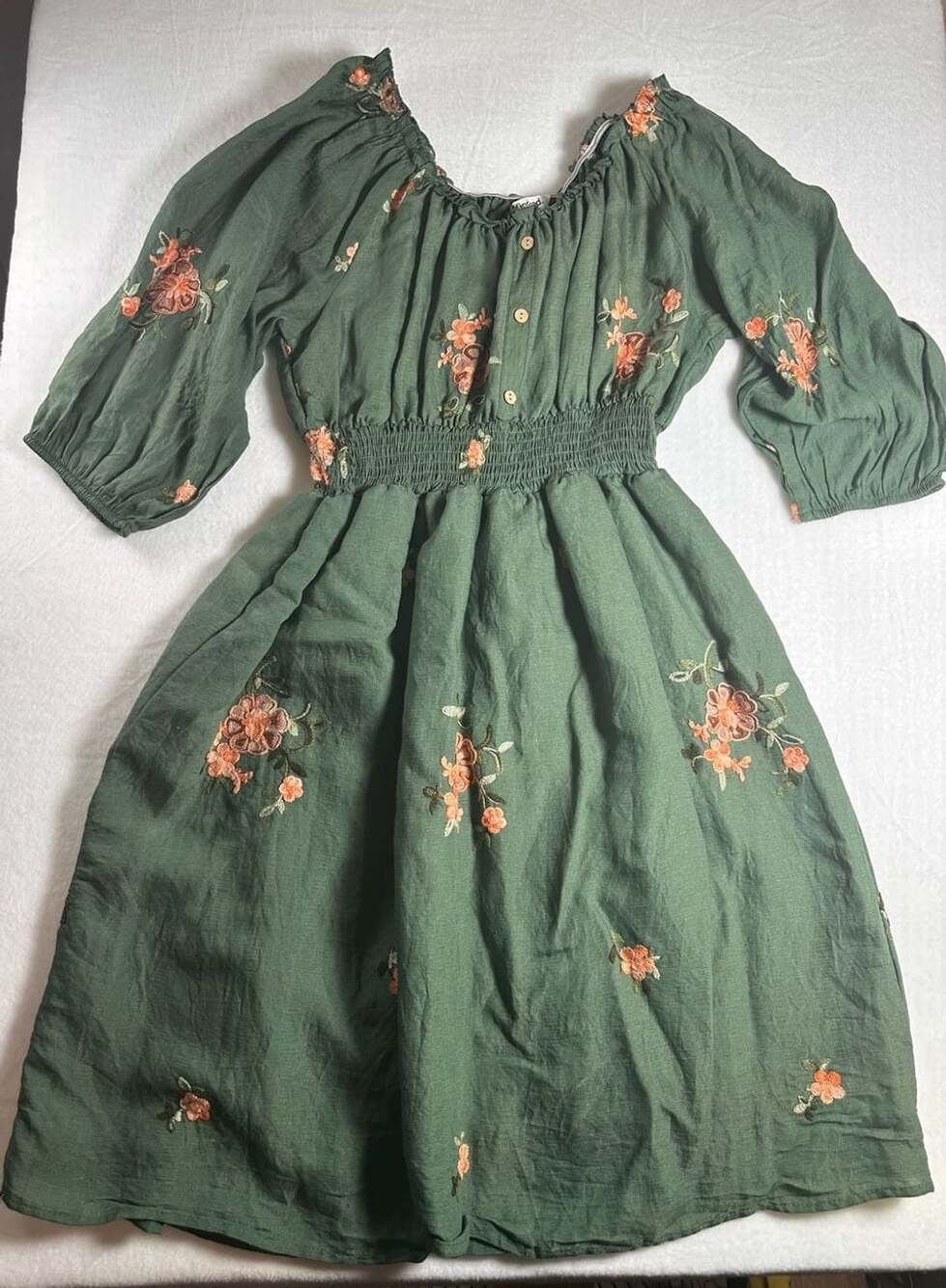 Kindred Olive Green Floral Embroidered Off-The-Shoulder Smocked Dress Size XL